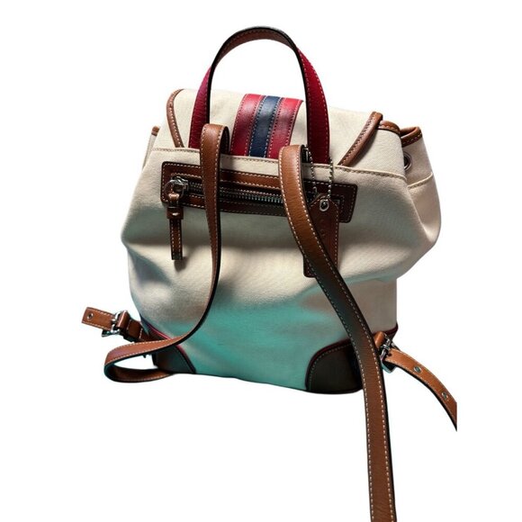 Coach Vtg Beige Canvas Backpack w Blue, Brown, & Red Leather Accents - Picture 2 of 9